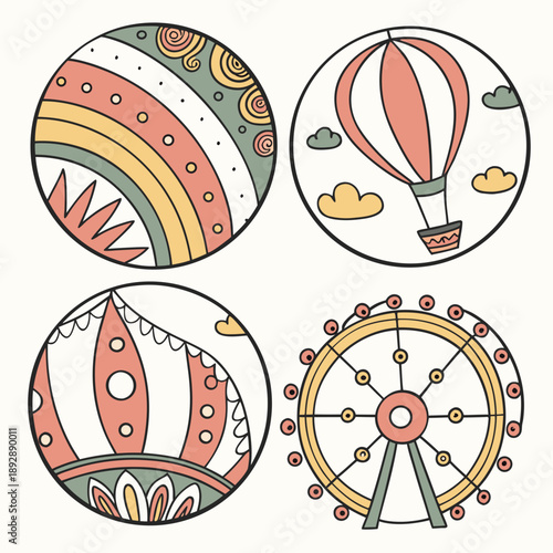 Whimsical doodles of carnival rides and imaginative patterns in a pastel palette.