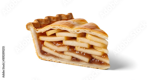 Photorealistic studio photograph of a single slice of classic apple pie, freshly cut and isolated on a pure white seamless background.
