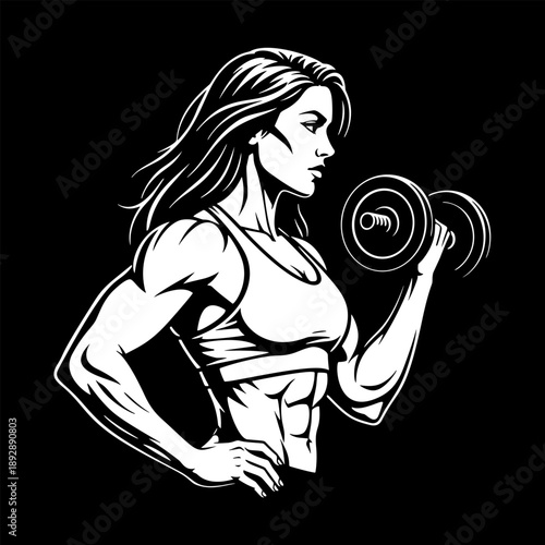 Female fitness silhouette lifting a dumbbell with one arm while standing in a strong training pose on a black background.

