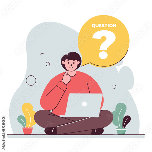 Pensive Tech Thought Flat Vector Illustration: Man with Laptop and Question