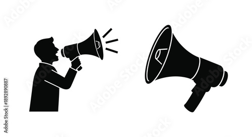 A person speaking into a megaphone with a separate megaphone silhouette