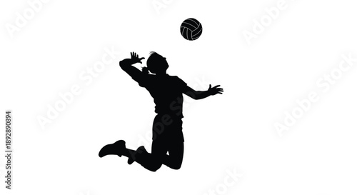 Volleyball player jumping to spike a ball stark silhouette