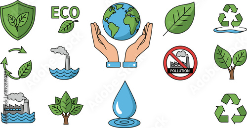 Environmental Sustainability Icons Set, Eco Friendly Green Energy Flat Vector Illustration