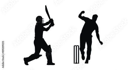 Cricket players in action a batsman and bowler silhouette