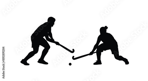 Two field hockey players in action a striking black silhouette