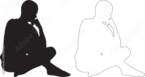 Black silhouette and outline of two people sitting in contemplative poses