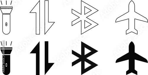 mobile icon set, collection of solid icons containing  airplane mode, bluetooth and torch light etc.