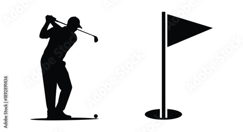 A golfer taking a swing near the hole black silhouette