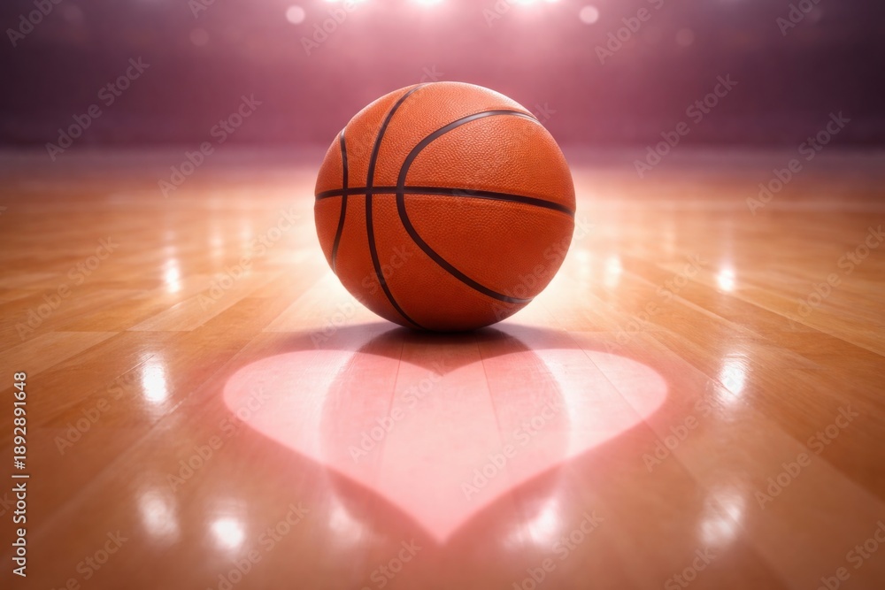 Obraz premium Basketball on court with a heart shape reflection below.