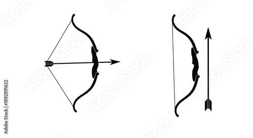 Two views of a traditional bow and arrow black silhouette