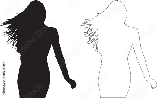 Black silhouette and outline of woman with long hair