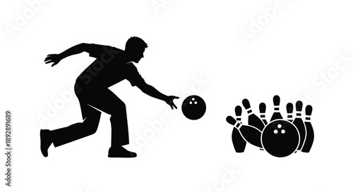 Bowler releasing a ball towards pins a striking black silhouette