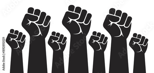 Black Fists Illustration, seven raised fists in solidarity and protest on white background representing unity, activism, and social justice concept vector.