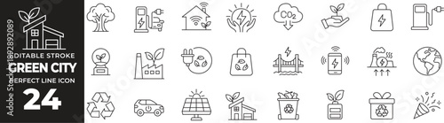 Green City and Sustainable Energy Line Icons Set Featuring Eco Buildings, Solar Power, Smart Urban Infrastructure, Environment Protection, Renewable Energy and Ecology Vector Illustration