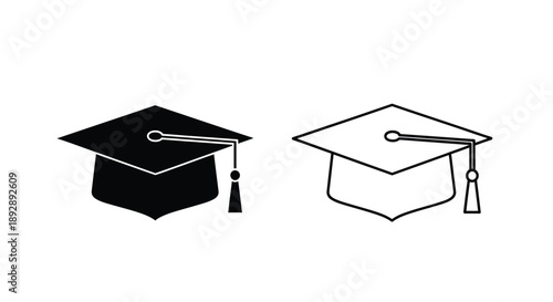 Two graduation caps one filled and one outline black and white silhouette
