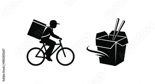 Delivery cyclist with takeout box and chopsticks in black silhouette
