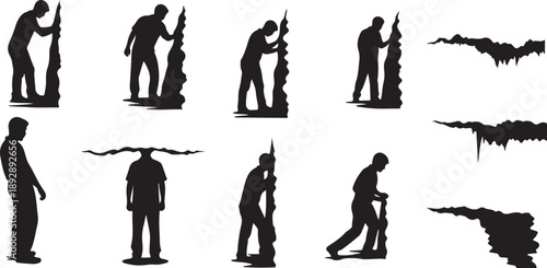 Silhouettes of people in various poses and actions black
