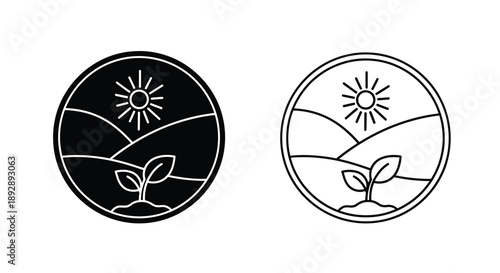 Circular design with sun landscape and sprout black and white silhouette
