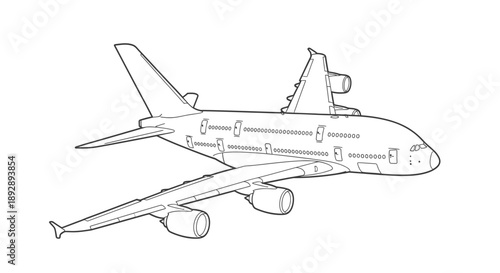 Detailed Line Art Illustration of Modern Commercial Passenger Airplane Outline