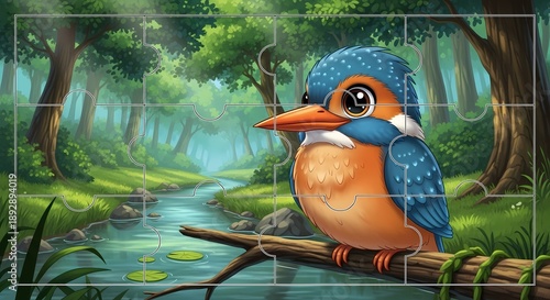Adorable Cartoon Kingfisher Bird Perched in a Green Forest Stream Puzzle