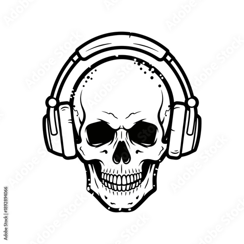 Skull Wearing Headphones with Gritty Outline Icon