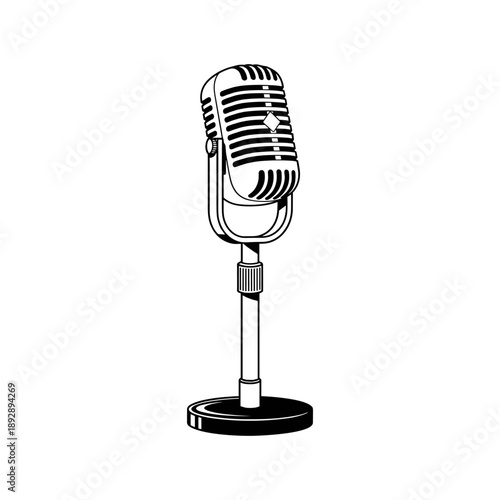 Vintage style dynamic microphone with stand isolated on white background for music or podcast