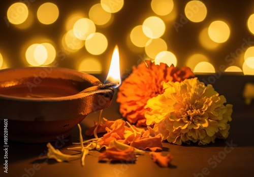 Wallpaper Mural Diwali lamps and flowers with bokeh background celebration lights Torontodigital.ca