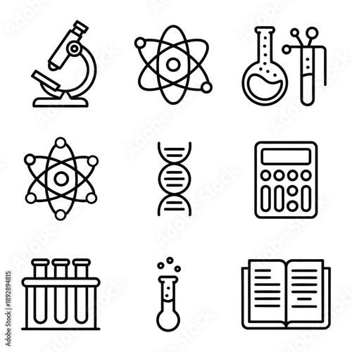 Science education and research icon set vector. Microscope, test tube, atom, DNA, laboratory flask, calculator, formula board, research paper symbol. vector illustration.