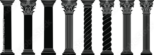 Black classical column silhouette set, ancient Greek Roman architectural pillars collection isolated on white background vector illustration design elements