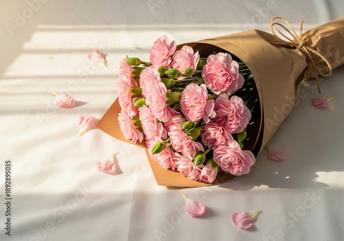 Wallpaper Mural Elegant pink carnation bouquet wrapped in rustic paper, illuminated by soft sunlight, a perfect gift for special occasions Torontodigital.ca