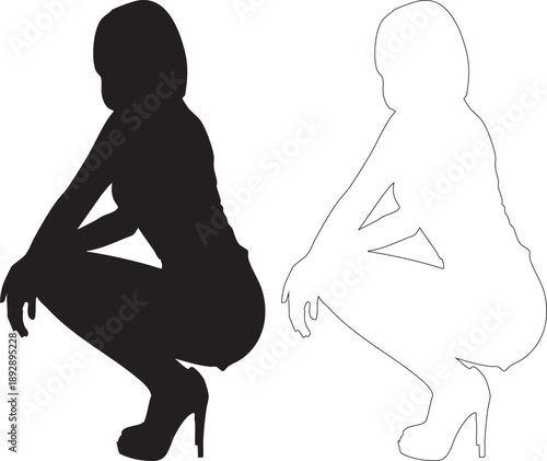 Silhouettes of a woman in a squatting position with one black and one outlined in black lines