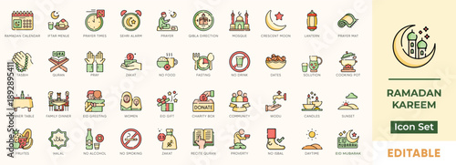 Ramadan Kareem Icon Set - Fasting Prayer Mosque Qibla Direction Crescent Moon Lantern