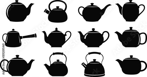 Black teapot silhouette set, kettle teaware icons collection isolated on white background vector illustration kitchen design modern minimalist drinkware graphic
