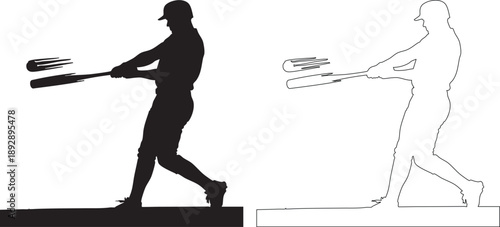 Silhouettes of baseball player swinging bat in black and white