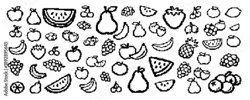 Collection of retro pixel art fruit icons including apple, banana, grape, and watermelon doodles in a black and white 8-bit style.