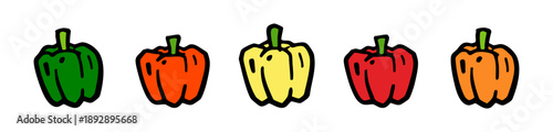 A set of five colorful hand-drawn bell peppers in green, orange, yellow, and red, isolated on a white background.