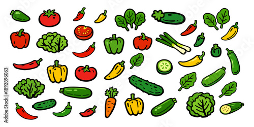 Collection of colorful hand-drawn vegetable doodles including tomato, pepper, cucumber, and lettuce on a white background.
