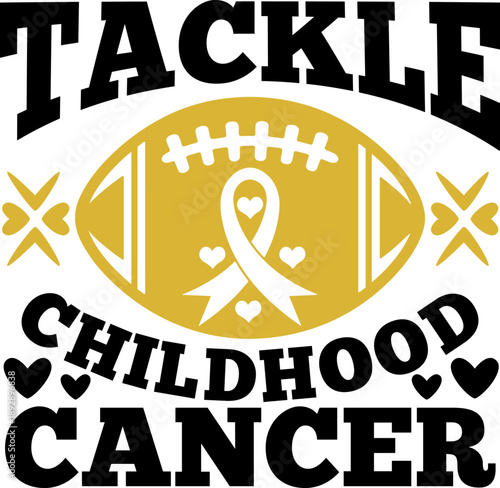 Tackle childhood cancer awareness football with gold ribbon and hearts vector illustration for t-shirt design and fundraising merchandise