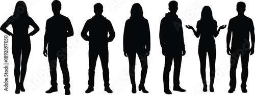 People silhouettes standing set, men and women figures, human body poses collection, black shadow characters, isolated white background, vector illustration