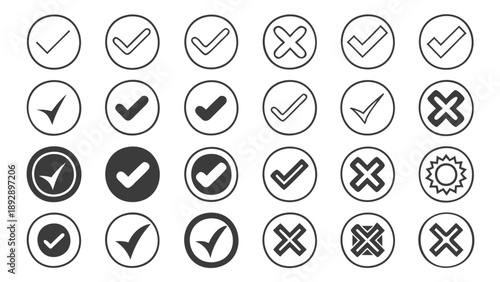 Collection of black and white checkmark and cross symbols in circles