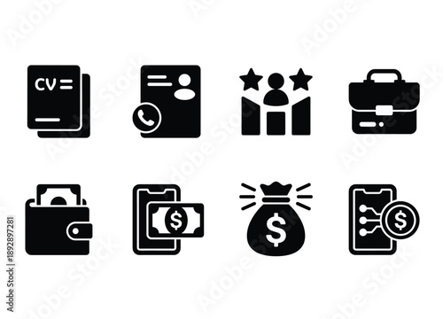 CV personal information job rating briefcase wallet money phone and digital transaction icon