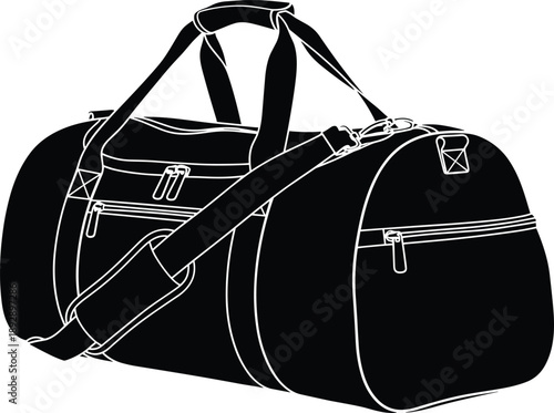 Travel duffel bag illustration, sports gym luggage design, weekend carry bag concept, black and white line art, isolated white background