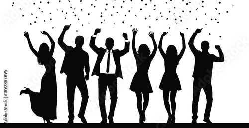 Celebrating business success silhouette illustration showing happy team dancing with confetti, symbolizing achievement, teamwork, victory, motivation, leadership, and corporate success