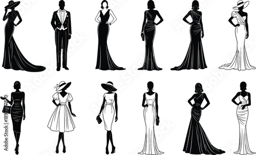 Elegant fashion silhouettes collection featuring stylish women and men in evening gowns and suits, black and white figures ideal for luxury, runway, and fashion design concepts