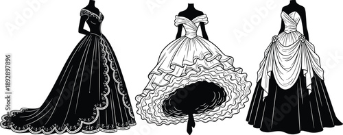 Elegant black and white vintage evening gowns silhouette collection featuring classic ball dresses, bridal fashion styles, and formal couture designs for fashion illustration and luxury apparel 