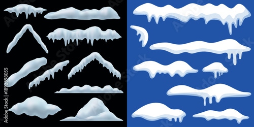 3D Snow Cap Vector Set with Icicles Snowdrifts Snowballs and Frost Frames Winter Illustration