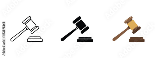 Judicial Gavel Icon Illustration, vector artwork of gavel and sound block representing legal authority, justice system, courtroom rulings, and law enforcement for UI and design.