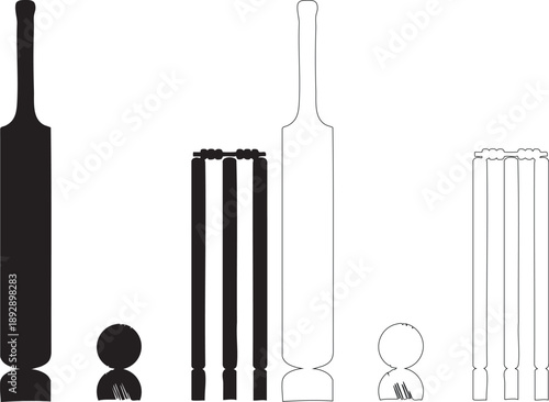 Silhouettes of cricket bats and wickets with player figures cricket wickets player silhouette