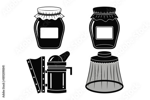 Beekeeping Icons: Jars of Honey, Smoker, Veil, Tools