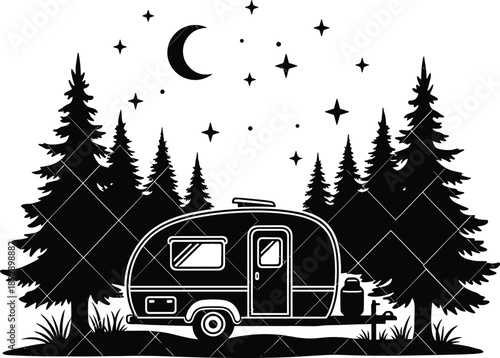 Black silhouette of a camping trailer in a pine forest under a crescent moon and stars isolated on white background for travel adventure.